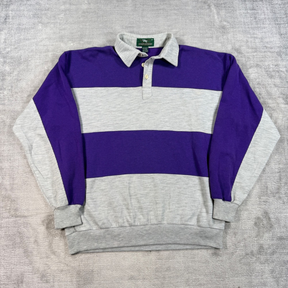 Steeplechase Sweatshirt Mens Medium Purple Vintage 90s Striped Rugby Polo
